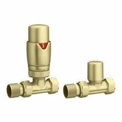 Monza Brushed Brass Straight Thermostatic Radiator Valves - Energy Saving