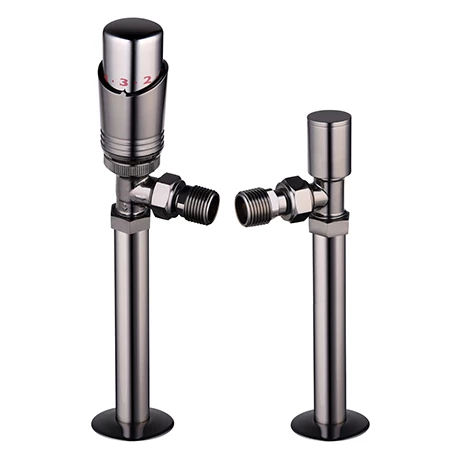 Modern Black Nickel Angled Thermostatic Radiator Valves + Sleeving Kit