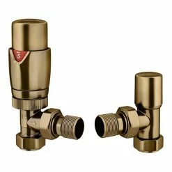 Monza Antique Brass Angled Thermostatic Radiator Valves - Energy Saving