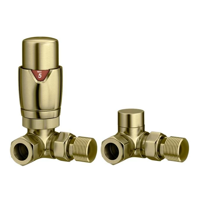Monza Brushed Brass Corner Thermostatic Radiator Valves - Energy Saving