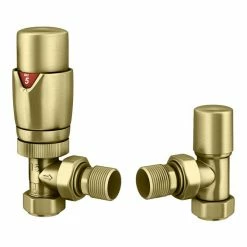 Monza Brushed Brass Angled Thermostatic Radiator Valves - Energy Saving