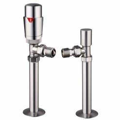 Monza Brushed Nickel Angled Thermostatic Radiator Valves incl. Sleeving Kit - Energy Saving